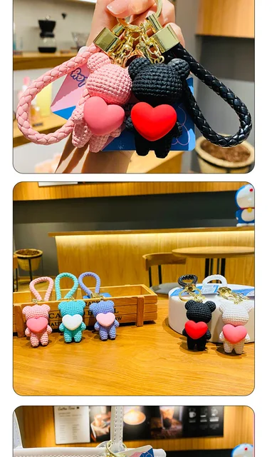 2022 Cartoon Woolen Bear Doll Keyring Animal Holding Pink Heart