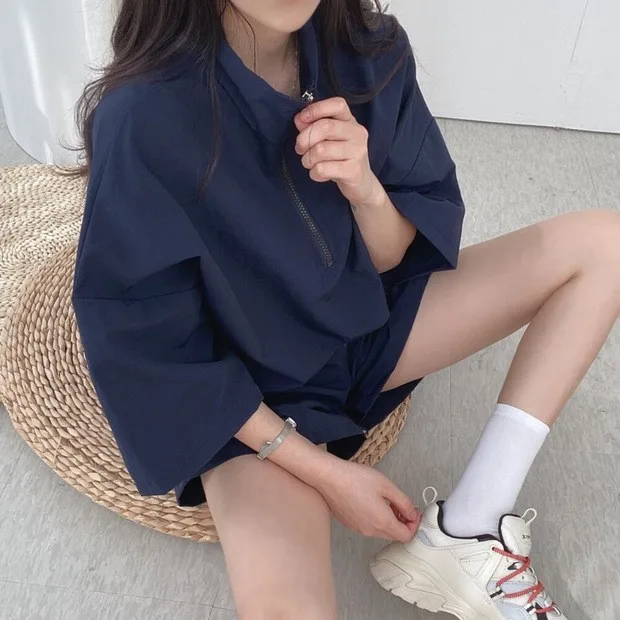 Short Sleeve Shorts Women Clothes Two-Piece Set Plus Size Turtleneck Zip-Up Spring Summer Fitness Casual Sweatshirt Set Loose