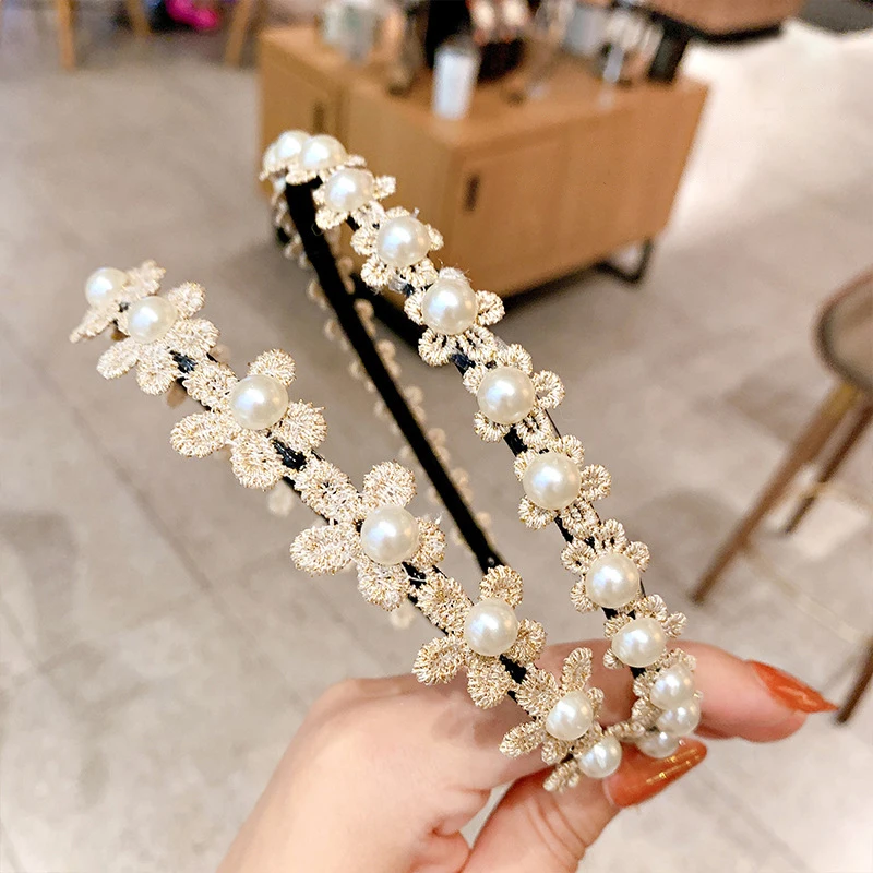 White Pearl Flower Hairbands for Kids Girls Cute Princess Non-Slip Hair Hoop Korean Sweet Children Headband Baby Hair Accessorie 5