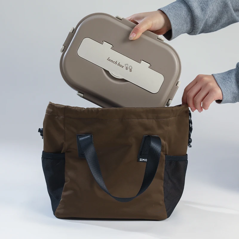 새로운 일본 및 한국 스타일 도시락 가방, 은색 단열 내부 레이어 코팅, 조절 가능한 드로스트링 도시락 가방