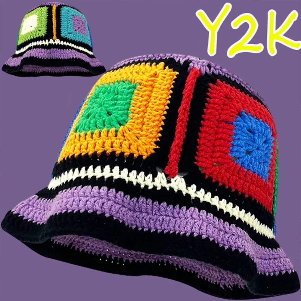 

Kpop Y2k Women's Bucket Hat Handmade Crochet Colorful Cute Rainbow Striped Hollow Knitted Fisherman Fashion Bucket Banana Hat