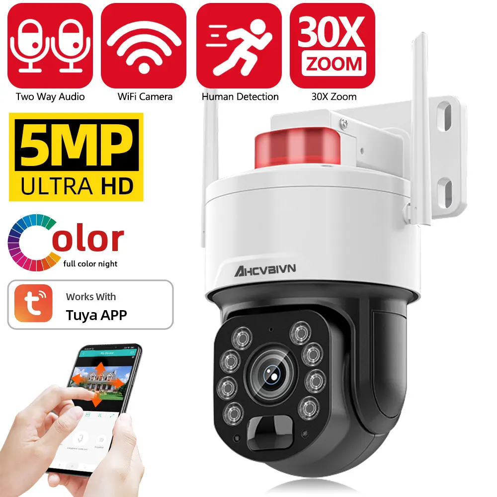 

Беспроводная IP-камера с 30-кратным зумом, PTZ, 5MP, TUYA, Wi-Fi, двустороннее аудио, ии, автоматическое отслеживание, уличная водонепроницаемая, цветная, 100 м, ИК