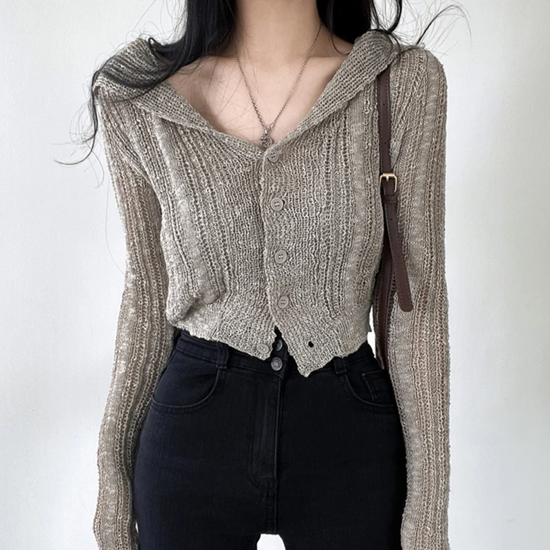 

Korean Chic Autumn Retro Navy Collar Sweater Exposed Collarbone Versatile Single-breasted Top Long Sleeve Short Knit Woman Top