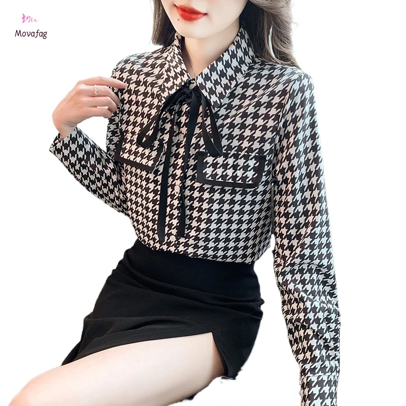 

New Chiffon Summer Women's Blouse Casual Fashion Simplicity Tops Houndstooth Long Sleeved Bow Tie Shirt
