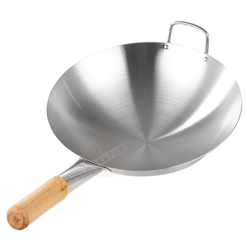 Stainless Steel Chef Cooking Wok Beech Anti-Scald Handle Round Bottom Kitchen Cookware for Gas Stoves 32cm