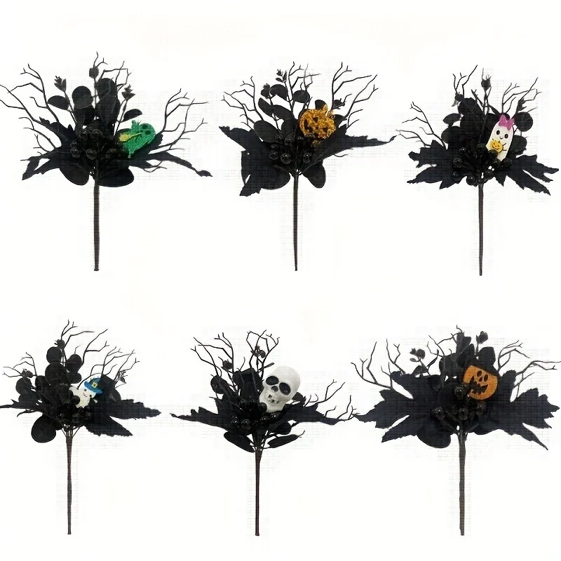 Künstliches Ahornblatt und Kürbiskelett-Elf-Halloween-Dekoration – Herbstzweige mit Skelett-Mitteldekoration