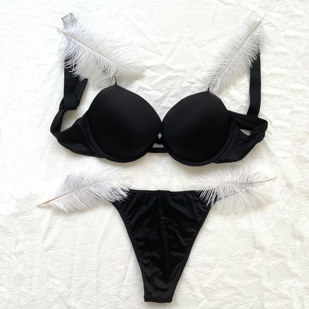 Glossy Women Underwear Rhinestone Letter Comfort Push Up Bra Panty 2 Piece Brief Suit Plus Size Pink Sexy Seamless_voghion.com