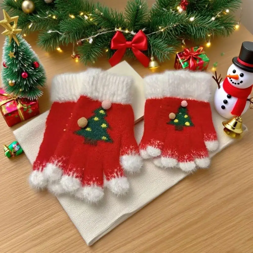 Thickened Insulation Christmas Tree Gloves Warm Knitted Design Winter Gloves Elastic Comfortable Five-finger Gloves Women