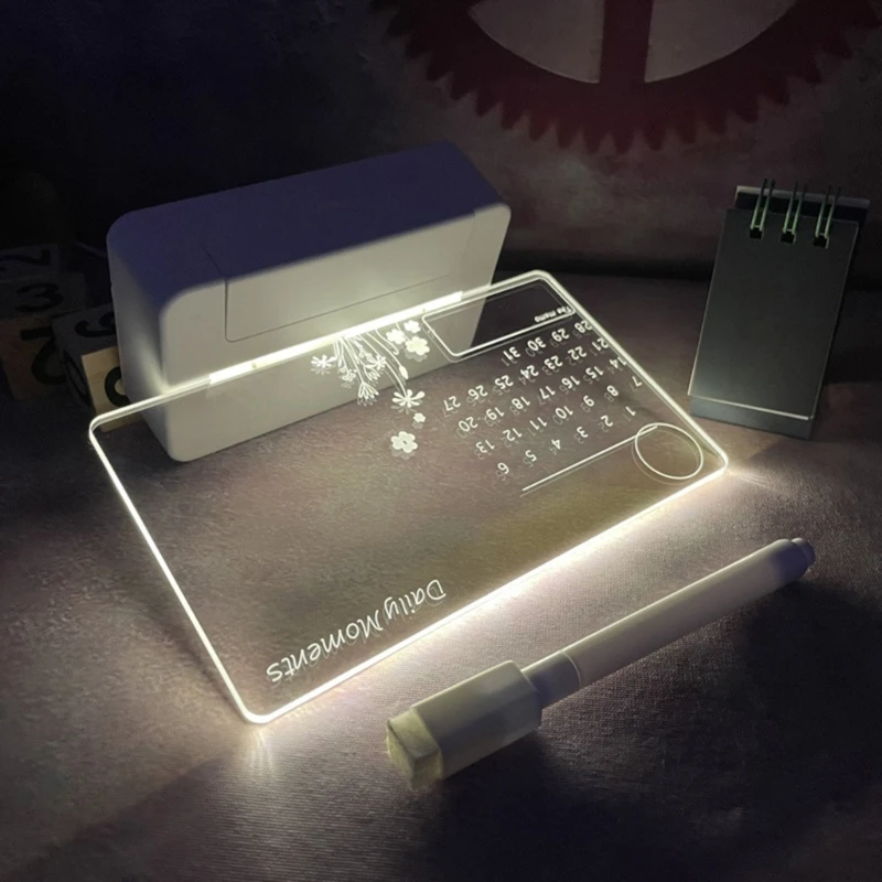 명확한 아크릴 책상 달력 사무실 책상 메모 보드 할 일 목록 보드 Dropship에 대한 스탠드 지울 수있는 마커와 LED 야간 조명
