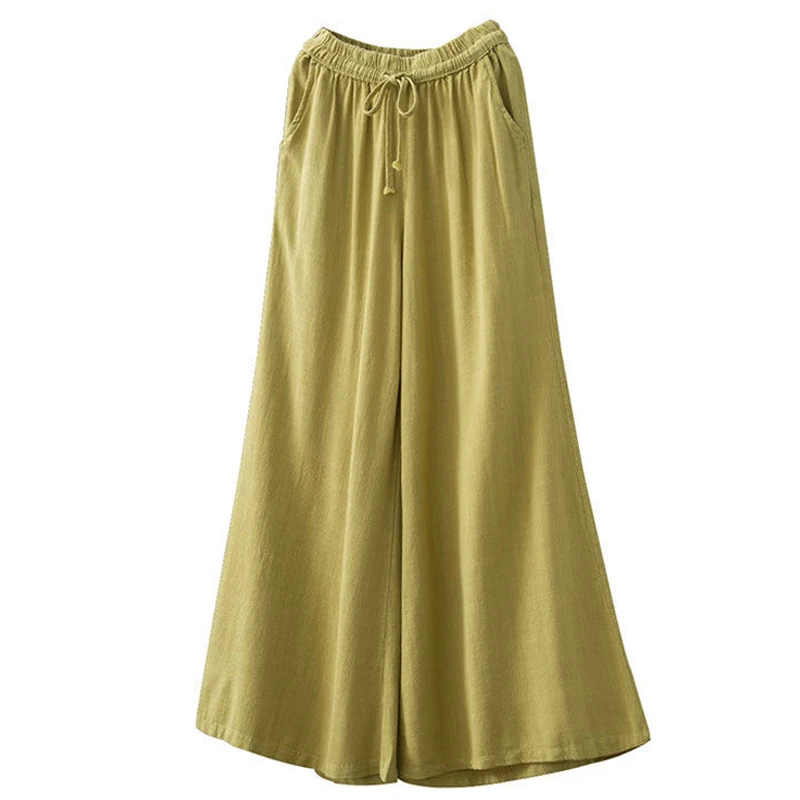 Summer New Solid Color Fashion Elastic Waist Wide Leg Trousers Women High Street Loose Pockets Drawstring Pure Cotton Trousers