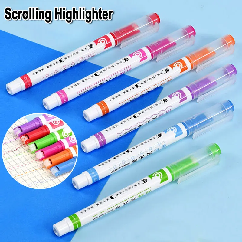 6 Color Scrolling Curve Liner Highlighter Wave Line Love Star Stamp Roller Tip Art Marker Pen For Hand Account Scrapbook Drawing
