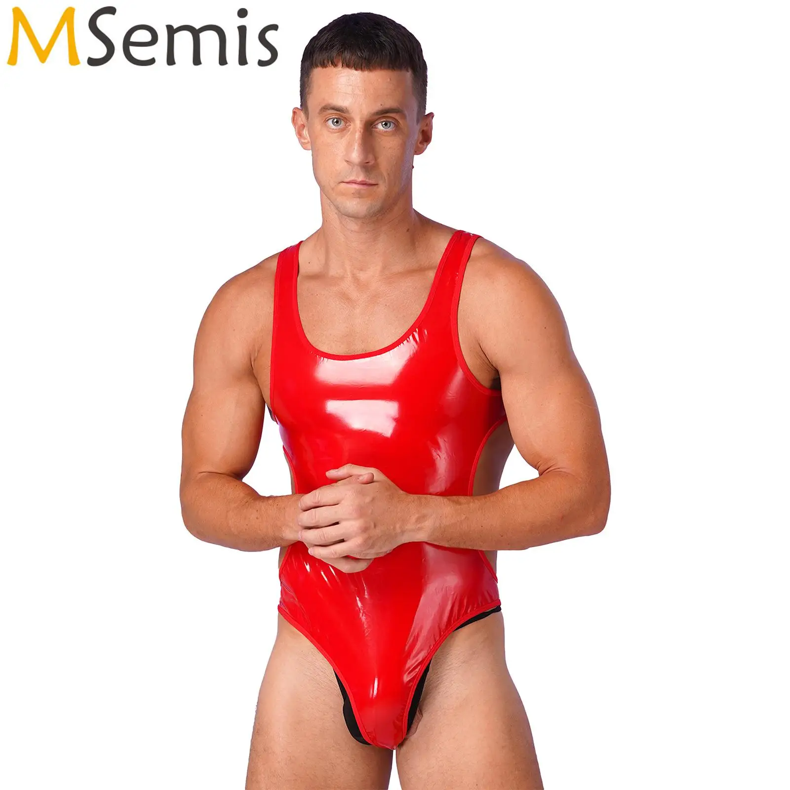 Swimwear Mens One-Piece Swimsuit Pool Party Wet Look Patent Leather Bodysuit Open Back U Neck Sleeveless Jumpsuit men swimsuit male swim rash guard