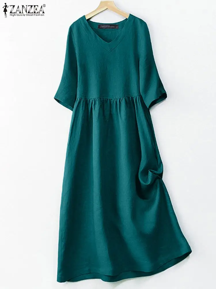 

ZANZEA Woman Fashion Half Sleeve Dress Summer Elegant Solid Vestidos V-Neck Cotton Robe Female Casual Party Sundress Oversized