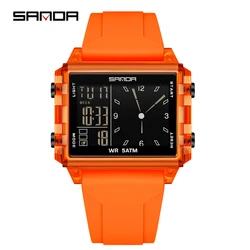 SANDA Unisex Waterproof Square Dial Digital Wristwatch with Countdown Timer and World Time Function (Orange)
