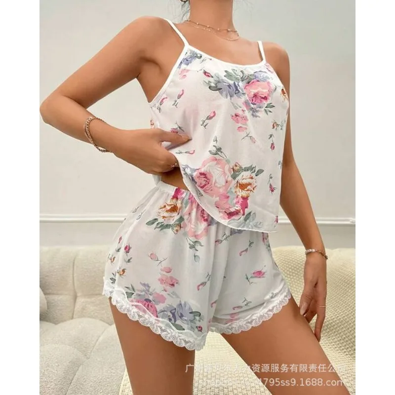 

Sexy Fashion Strap Lace Crop Top Shirt Shorts Two Piece Set Sleepwear Homewear Loungewear Elegant Floral Print Pajamas Set