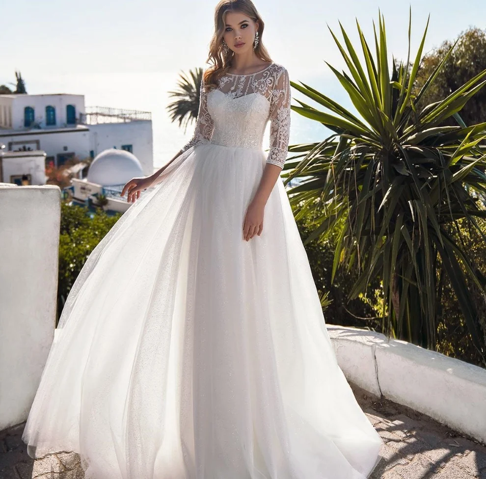 

Lorencia Shiny Half Sleeve Lace Wedding Dress 2024 A Line Appliques Sequins Beaded Tulle Boho Bride Gown Vestido De Novia YAW62