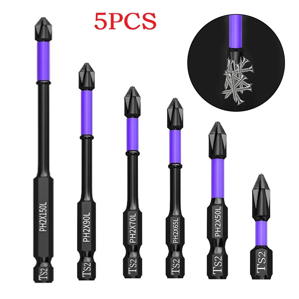 

5PC Non-Slip PH2 Magnetic Batch Head Cross Screwdriver Hardness Impact Drill Bit Cross Screwdriver Tools 25/50/65/70/90/150mm