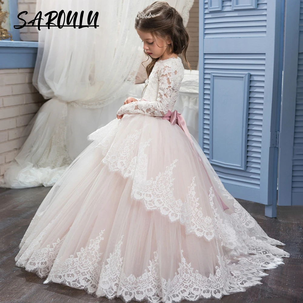 Flower Girl Dresses Long Sleeves O Neck Formal Wedding Guest Gown Birthday Party Dresses for flower girl dresses