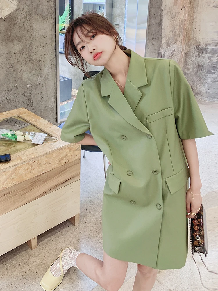 

Fashion Elegant Loose Suit Dress for Women 2022 Summer Korean Style Double Breasted Short Sleeve Green Mini Dresses Girly 6608