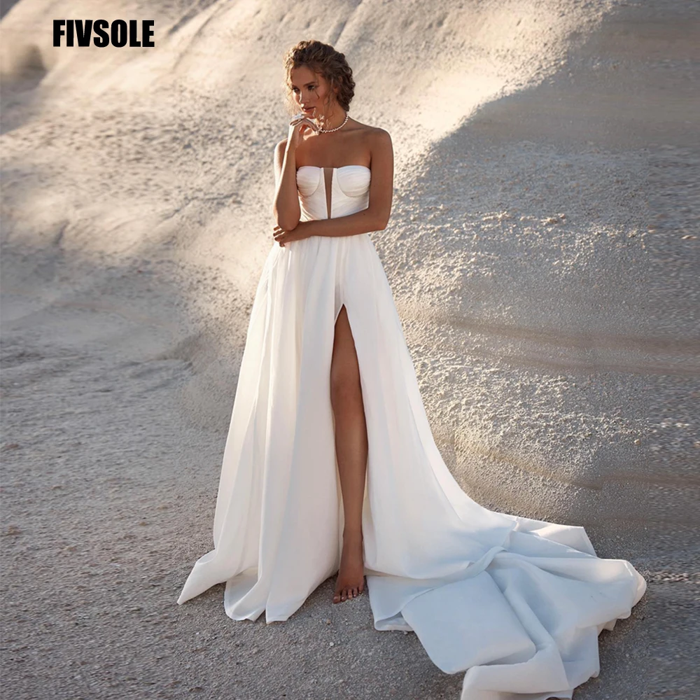 

Fivsole Satin Wedding Dresses Detachable Sleeves Pleat High Side Slit Off Shoulder Boho Bride Gown Sweep Train Vestidos De Novia