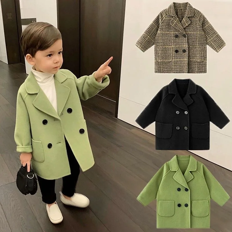 Spring Autumn Boys Jackets Child Girl Woolen Double-breasted Baby Trench Coat Lapel Kids Outerwear Winter Wool Overcoat
