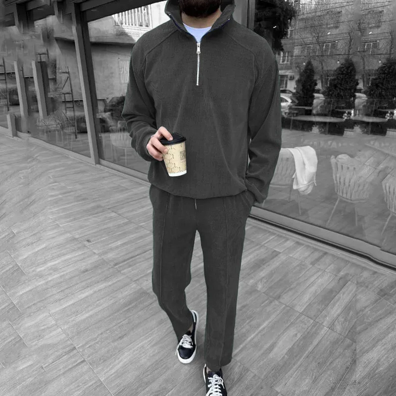 Nouveau costume décontracté pour homme en velours côtelé tendance avec col montant et demi-fermeture éclair