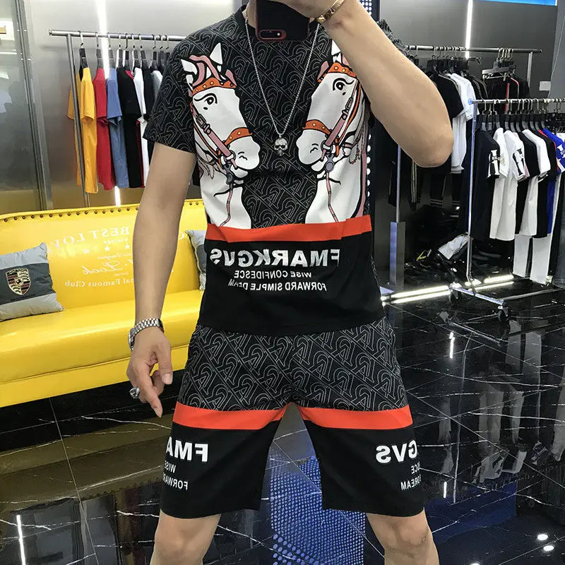 Men's Summer Sets,Rhinestone Letters Korean Style Fashion Ice Silk Short-sleeved Shorts 2-piece Set Men Clothing Set  Sport Wear