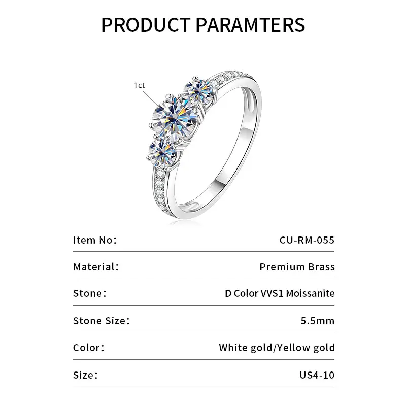 Celestinova Round Moissanite Three Stone Ring GRA Certified 14K Gold Plated Engagement Wedding Bridal Jewelry For Women