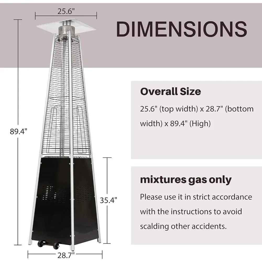 Pyramid Patio Heater 89.4-Inch Outdoor Propane Heater w/Wheels 41000 BTU, Matte Black