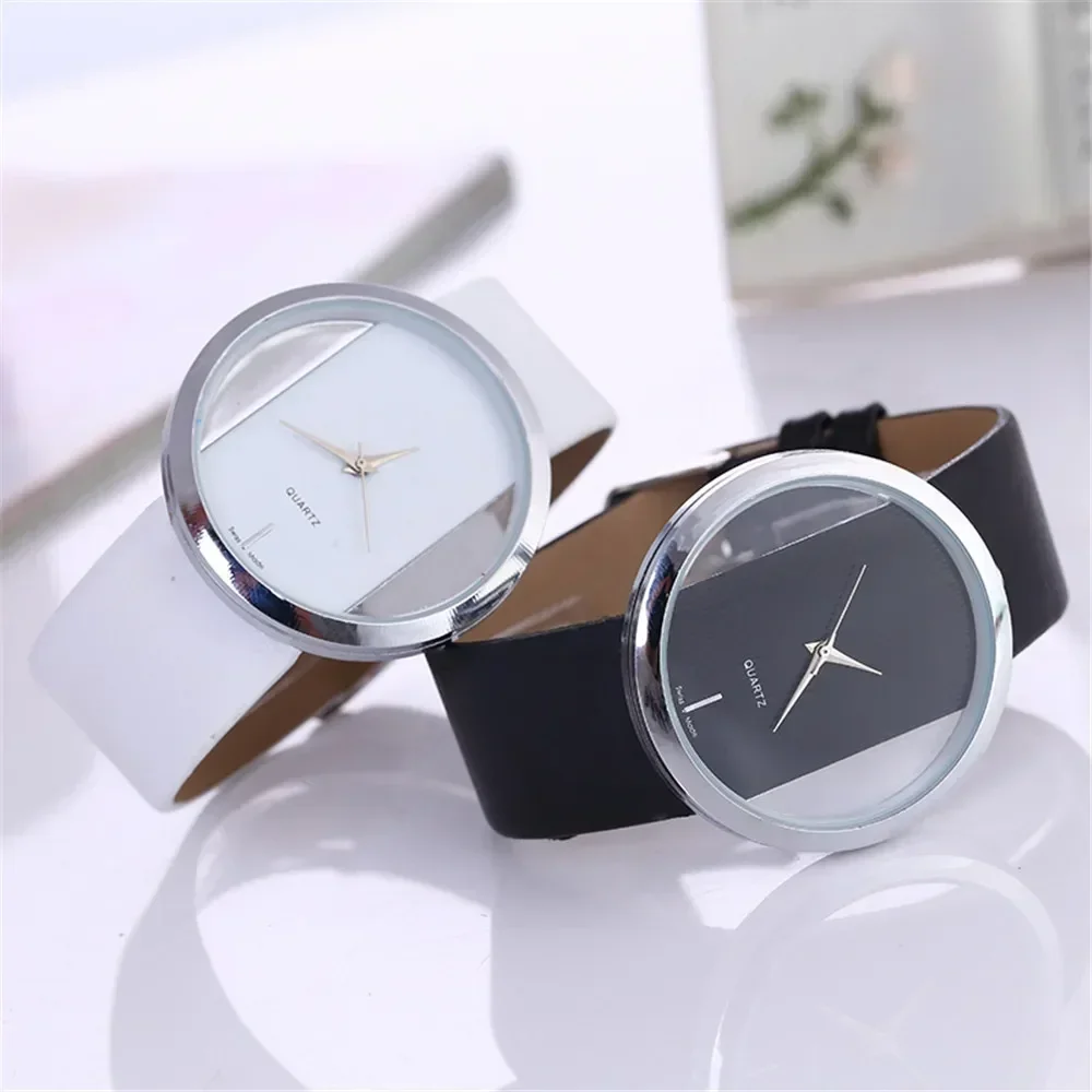 1pc-Couple's Watches Fashion Hollow Out Dial Women’s Watch Leather Band Analog Quartz Wristwatch