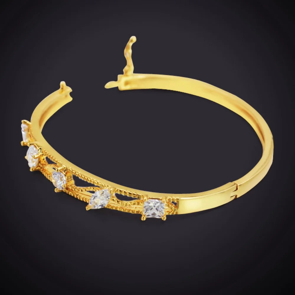 Women's Wedding Bridal Cubic Zircon Cuff Bangle Bracelet Indian Africa Lady Jewelry Ethiopian Gold Color Bride Jewelry Gift 6