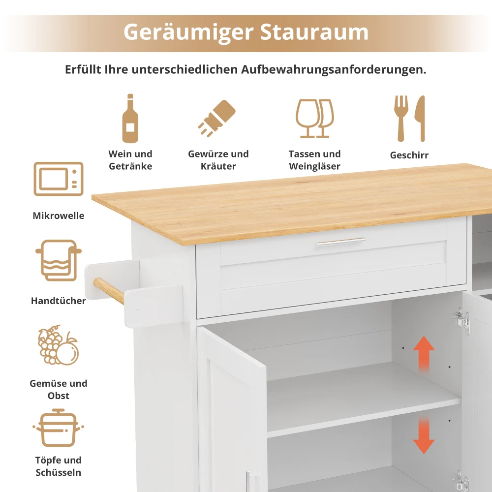 132.5*44(70)*90 cm mobiler Küchentisch, mit klappbarer Arbeitsplatte und Gewürzregal, Kücheninseln mit Handtuchhalter und 5 Rollen – Detail 8