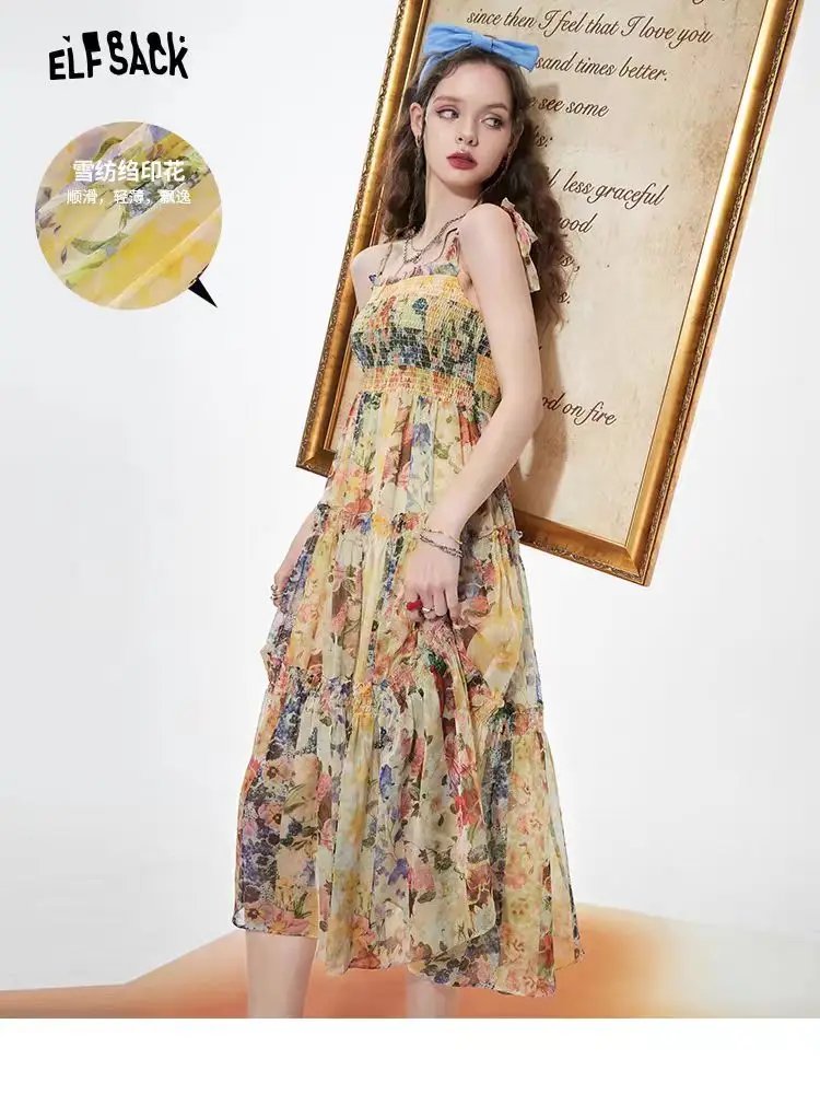 

Chiffon floral camisole dress for women in the summer of 2024, new waist tightening and slimming style long skirt