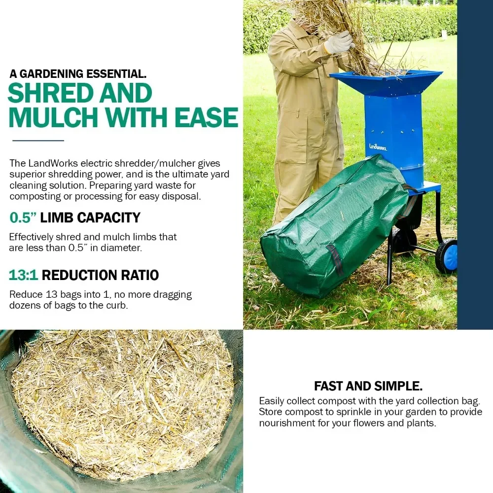 Leaf Mulcher Shredder Electric Green and Waste Management Heavy Duty 120V AC 11" Inch Cutting Blade 5" Inch Cutting Capacity