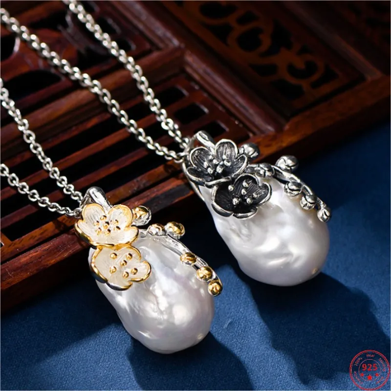 

Genuine S925 Sterling Silver Pendants for Men Women New Fashion Rhodium-gold Plated Plum Blossom Baroque Freshwater Pearl