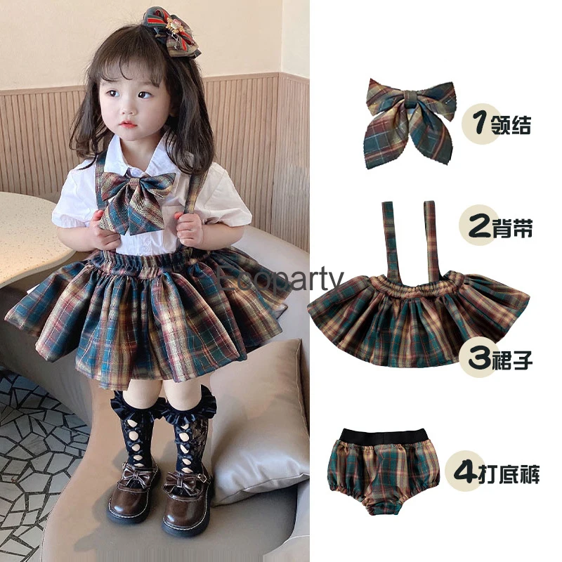 New Girls Jk Uniform Skirt Set Children's Summer College Style Plaid Strap Skirt Shirt Bow Sui Baby Girl Birthday Party Dress Up