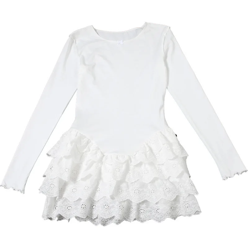 Fantoye Otoño Nuevo Vestido de Encaje con Cuello Redondo para Mujer, Blanco, de Manga Larga y Cintura Alta, Vestido Ajustado Elegante para Fiesta y Club.