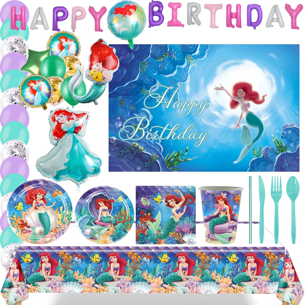 

Ariel Princess The Little Mermaid Theme Birthday Party Decoration Supplies Disposable Cutlery Balloon Background Baby Shower