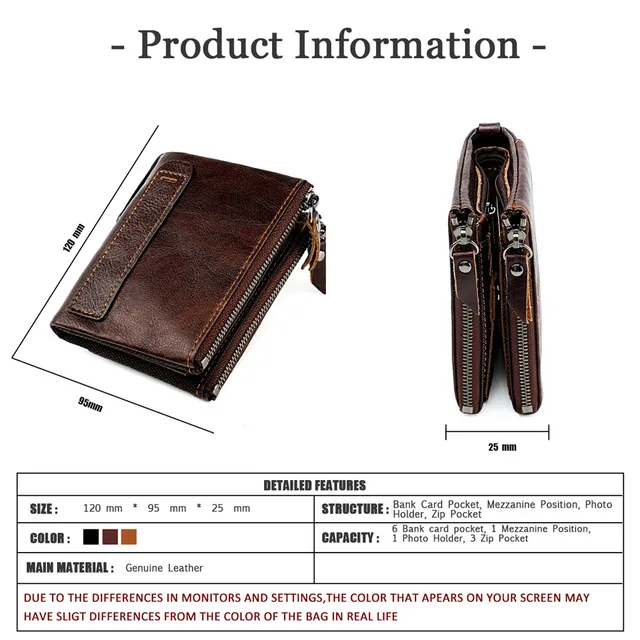 kurtrusly Leather Men Wallet Rectangular Polyester Lining Zipper Card Cash  Compartment Holder Coin Pocket Purse Notecase Handbag Birthday Gift 