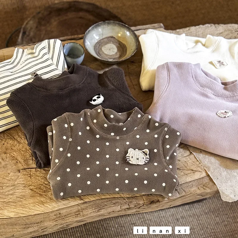 Thickened Fleece Warm Base Layer Shirt High Collar Home Clothes for Boys And Girls Baby Thermal Locking Winter Pyjamas Top