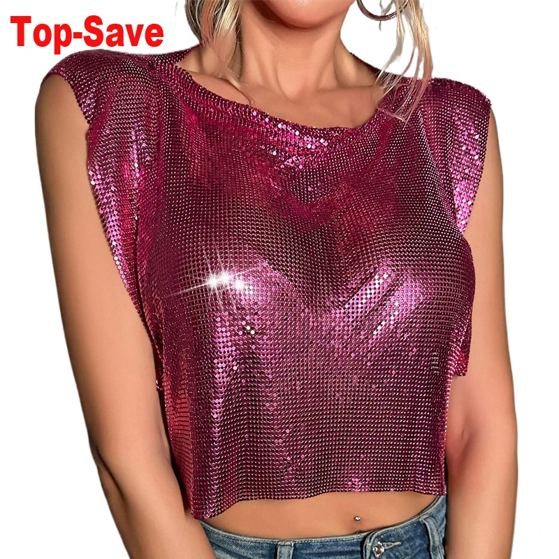 Camiseta Sin Mangas Allegra K Con Cuello Redondo Y Lentejuelas Metálicas Para Mujer Verde Azul L