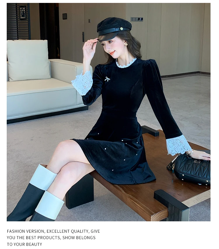 Woman Spring Summer New Elegant Velvet Mini A-line Dresses Long Sleeve Party Fashion One Piece Robe