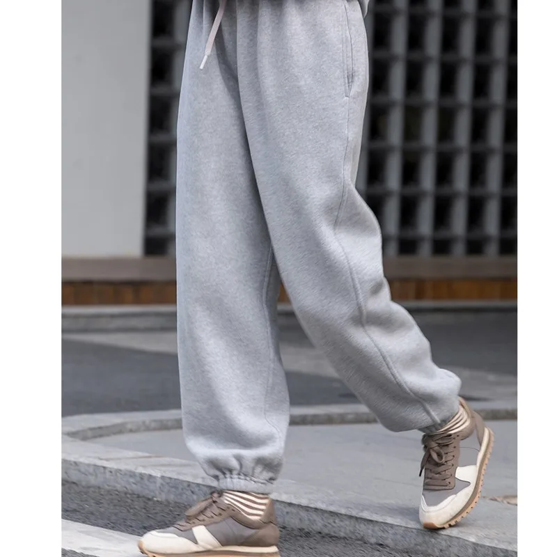 

Autumn and Winter 2022 New Literature and Art Light Sports Leisure Grey Cotton Fleece Elastic Waist Thick Bundle Pants Women