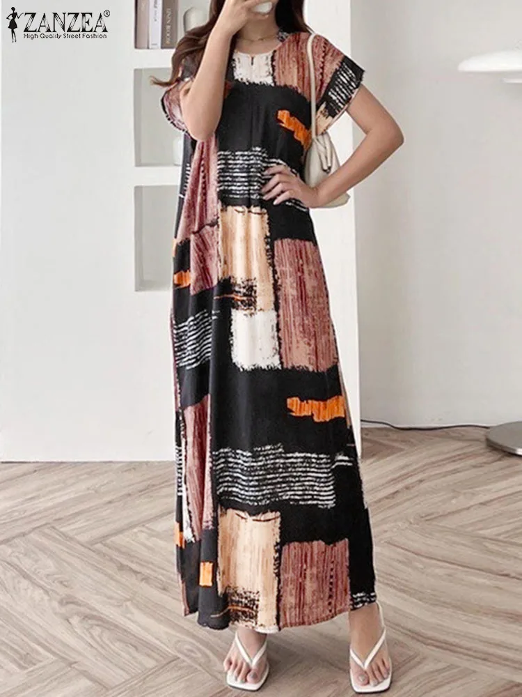 

ZANZEA 2024 летнее женское платье макси праздничное платье с воротником-стойкой элегантные платья с принтом и коротким рукавом повседневные картонные длинные халаты