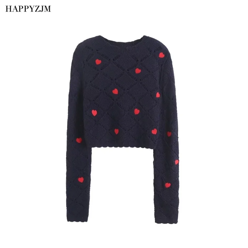 

New 2023 Women Heart Pattern Jacquard Hollow-Out Sweater Fashion Round Neck Long Sleeve Casual Sexy High Waist Short Sweater