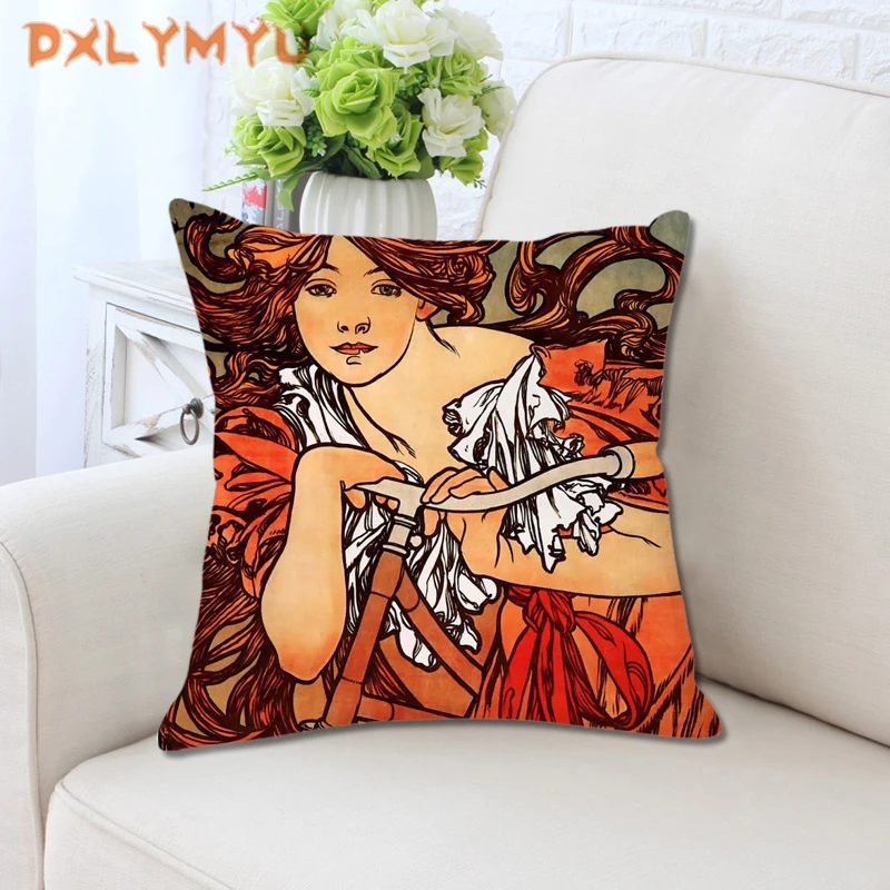 

Classical Mucha Gallery Beauty Decorative Velvet Throw Pillows Case Decor Home Cartoon Soft Cushion Covers for Sofa Car