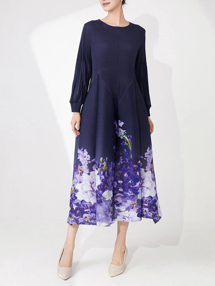 LANMREM Purple Printting Fashion Pleated Dress For Women Loose Causal Round Collar Long Sleeve A-line Dresses 2025 New 2DB3065 - Image 6