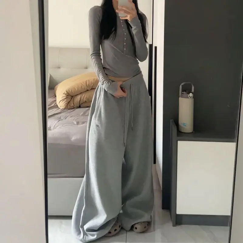 Light gray-regular-wide leg loose casual pants