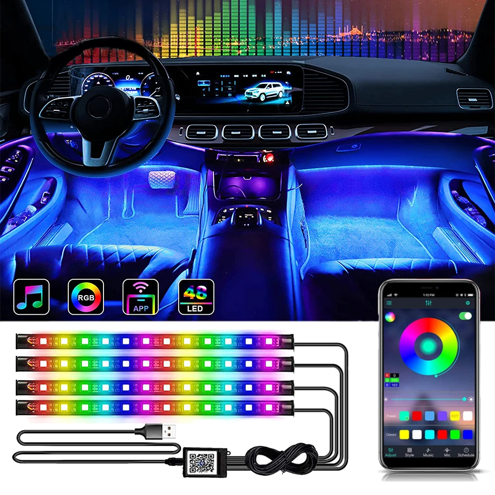 Neon 48 72 LED Car Interior Ambient Foot Light with USB Wireless Remote  Music App Control Auto RGB Atmosphere Decorative Lamps - AliExpress