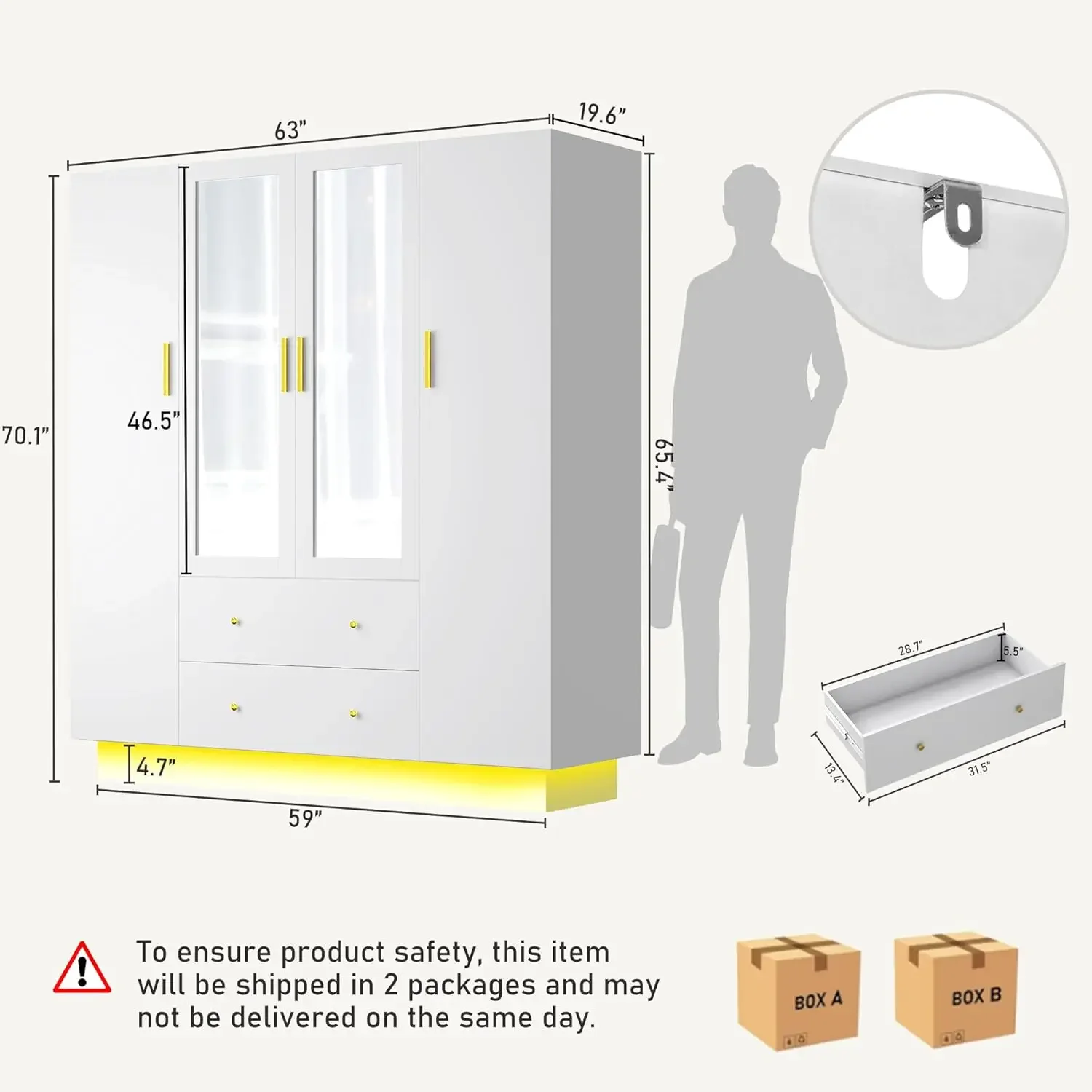 4 Doors Armoire Wardrobe Closet with Mirror, LED Armoire, Wooden Armoire Storage Cabinet with Hanging Rod,White 2